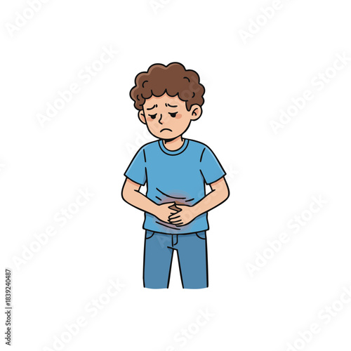 A young boy suffering from stomach ache or indigestion, showing signs of discomfort and pain