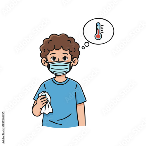 Illustration of a young boy wearing a face mask and holding a tissue, with a thermometer in a thought bubble indicating a fever