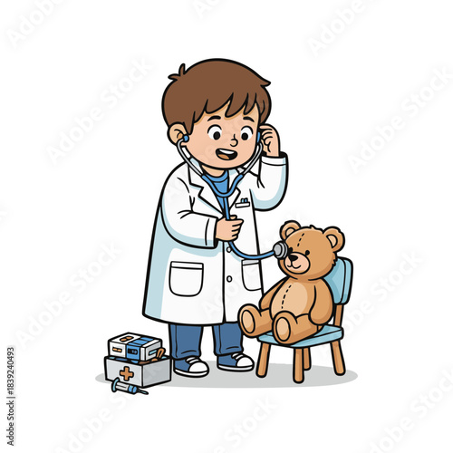 Adorable young child dressed in a doctor's coat carefully checking a teddy bear's health with a stethoscope, symbolizing aspirations and imaginative play, learning about caregiving