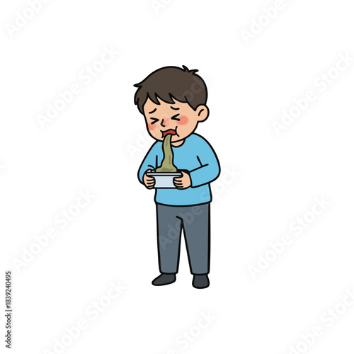 Illustration of a young child feeling unwell and vomiting into a bowl, depicting sickness and discomfort