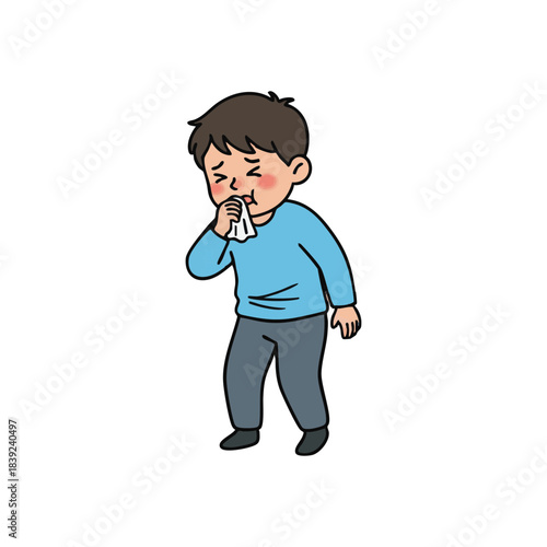 Child experiencing cold or flu symptoms, holding a tissue to their nose
