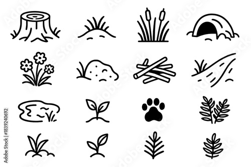 Biodiversity Icon Set. Biodiversity & Habitat Themes linear set: woodland stump, grassland mound, reed bed, natural shelter hollow, wildflower bunch, soil patch, branch pile,
