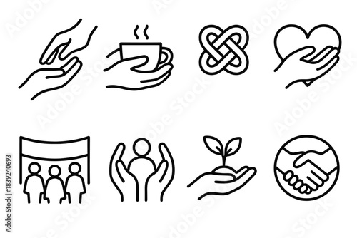 Kindness Symbol Icons. Collective Kindness Elements linear set: helping gesture, shared cup, unity knot, compassion heart, community banner, support icon, giving sprout, handshake