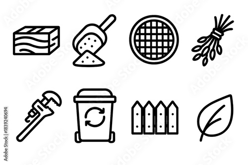 Eco-Friendly Garden Tools. Eco-Friendly Pest Barriers linear set: cedar block, diatomaceous earth scoop, mesh cover, herb bundle, leak fix wrench, compost caddy, garden border,