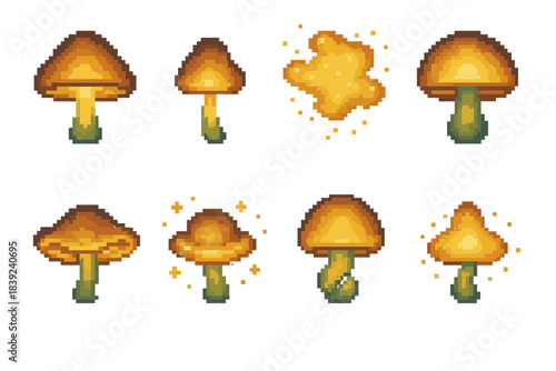 Glow Mushroom Icons. Light-Emitting Mushroom Types set of icons in flat pixel vector style: lantern-cap fungus, gentle-glow stem, shimmer-spore cloud, radiant dome, biolight frill,