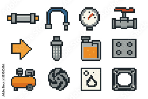 Fluid & Pneumatic Icons. Fluid & Pneumatic Components pixel style set: hydraulic cylinder, pneumatic hose, pressure gauge, valve handle, flow arrow icon, air filter, fluid