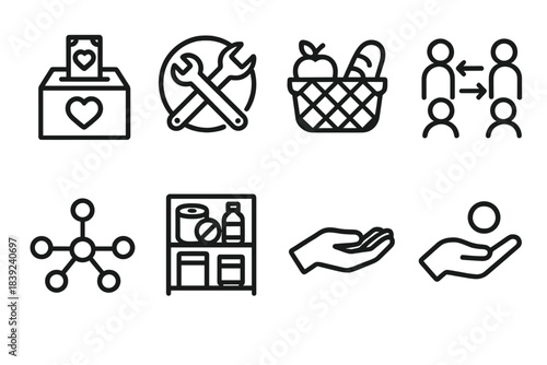 Community Support Icons. Community Resource Support linear set: donation box, shared tools icon, food basket, service exchange arrows, support network nodes, essentials shelf, aid