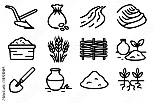 Sustainable Farming Icons. Sustainable Early Agriculture linear set: wooden plow, seed pouch, irrigation ditch, terraced hillside, compost pit, grain bundle, woven fence, clay pot