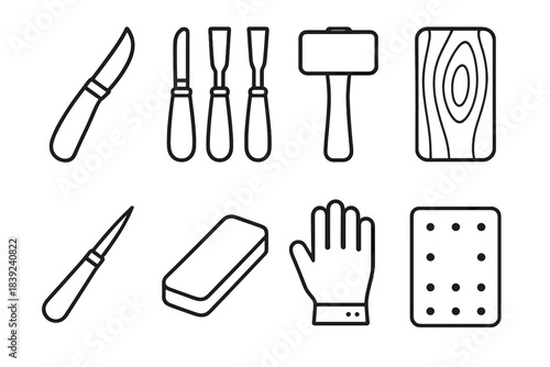 Woodcraft Tools Icons. Woodcraft Essentials linear set: whittling knife, carving chisels, wooden mallet, small wood plank, fine detail tool, sharpening stone, safety glove, sand
