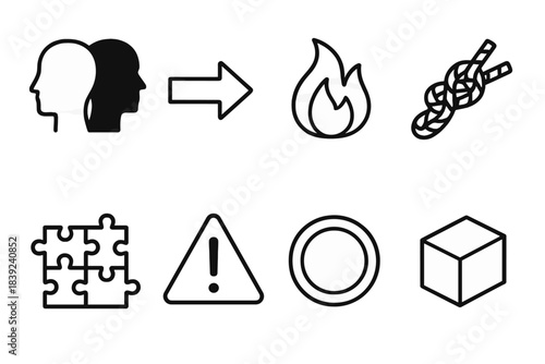 Fallacy Icon Set. Critical Thinking Fallacy Set linear set: misrepresentation shadow, irrelevant conclusion arrow, misleading vividness flame, loaded question knot, fallacy of