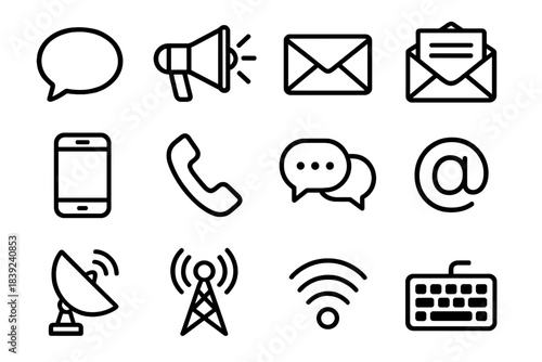 Communication Icons Collection. Communication Tools linear set: speech bubble, megaphone, envelope, open letter, mobile phone, landline handset, chat icon, email symbol, satellite