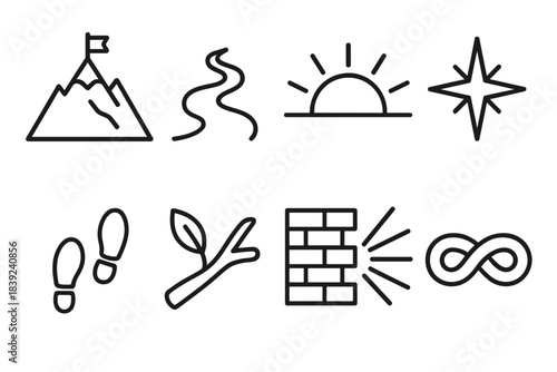 Resilient Journey Icons. Life Resilience Set linear set: mountain peak, winding trail, sunrise arc, guiding star, steady footprints, strong branch, breakthrough beam, persistence