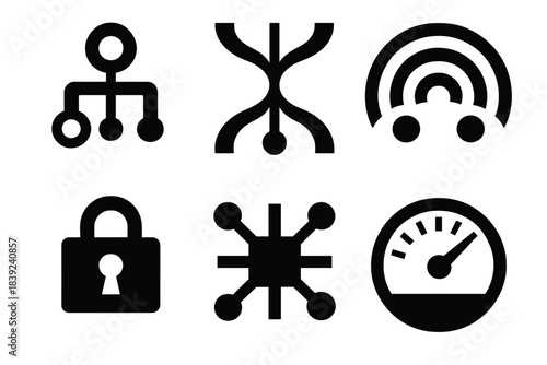 Quantum Routing Icons. Quantum Routing Structures silhouette set: qubit router hub, branching quantum path, interference pattern arc, protected channel block, routing node,