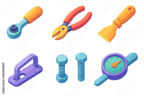Colorful Tool Icons. General Maintenance Tools flat isometric set: ratchet handle, wire cutter, scraper tool, fastening clip, bolt set, torque gauge.
