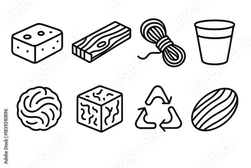 Sustainable Material Icons. Sustainable material elements linear set: plant-based foam, reclaimed wood plank, jute twine, compostable cup, felted wool, mycelium block, recycled