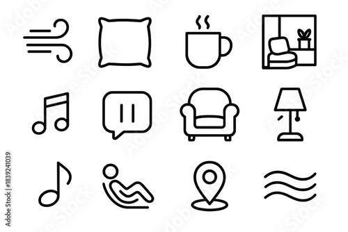 Symbols of Rest. Rest & Ease Symbols linear set: calm breeze line, soft cushion, warm mug, serene corner icon, slow rhythm bar, gentle pause bubble, comfort seat, peaceful lamp