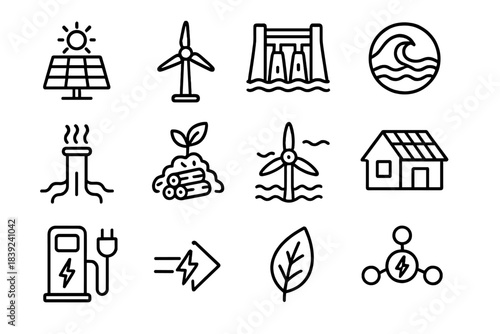 Eco Power Icons. Eco-Friendly Power Sources linear set: sun collector panel, wind rotor stack, hydropower gate, tidal stream icon, geothermal steam pipe, biomass stack, ocean