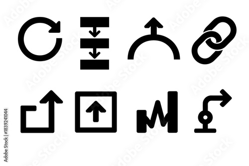 Leadership Icon Set. Dynamic leadership models silhouette set: pivot circle, decision flow bar, resilience arc, support link, perspective shift icon, guidance tile, team pulse,