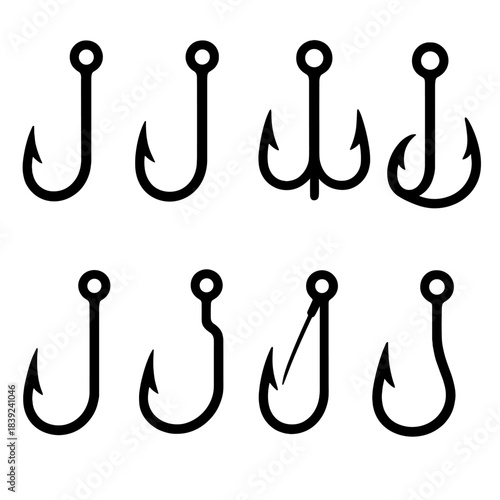 Fishing Hook Icons. Hook Varieties Set linear set: classic fishhook, barbed hook, treble hook, circle hook, offset hook, jig hook, weedless hook, wide-gap hook.