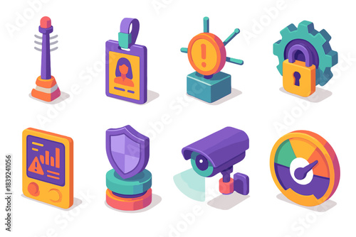 Industrial Security Icons. Industrial Security Ecosystems flat isometric set: perimeter sensor tower, access control badge, threat detection node, secure machinery lock, incident