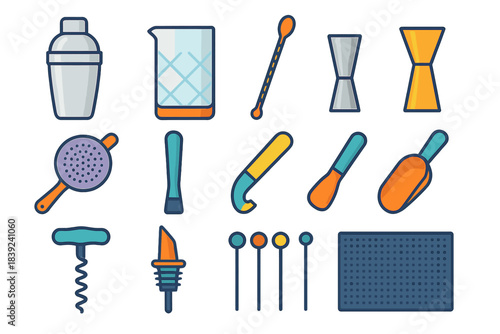 Modern Bar Tool Icons. Bar Tool Collection flat set: stainless shaker, crystal mixing glass, bar spoon long, spirit measure jigger, mesh strainer, muddler bar, citrus twist tool,
