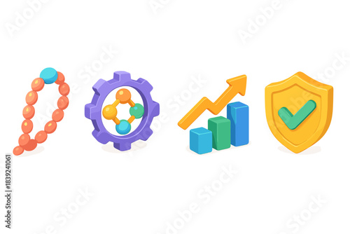Colorful Strategy Icons. Long-Term Product Strategies flat isometric set: longevity-plan strand, resource-efficiency bead, durability-track bar.