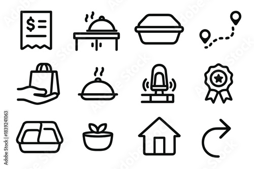 Home Delivery Icons. Home Meal Delivery Flow linear set: order ticket, prep counter icon, packed dish, delivery route line, handoff bag, warm tray, doorstep bell, service badge,