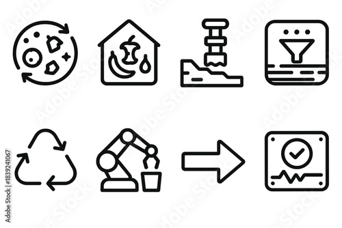 Space Resource Cycling. Off-World Circular Systems linear set: orbital debris reclaim icon, closed-habitat waste tile, regolith-to-resource bar, microgravity filter node, reusable