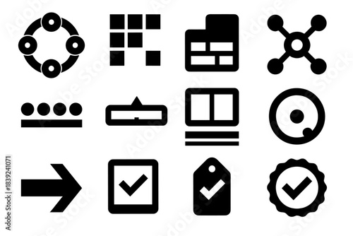 Brutalist Agreement Icons. Distributed Agreement Designs silhouette set: consensus cycle ring, quorum alignment tile, proposal slot bar, validator array node, message propagation
