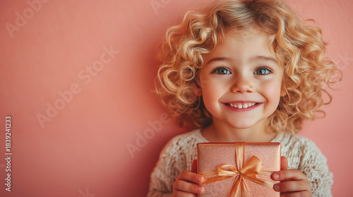 Young girl with expressive blue eyes and curly blonde hair smiling cheerfully, holding a festive closed gift box with a bow, ready to open or presenting it against a warm pink background