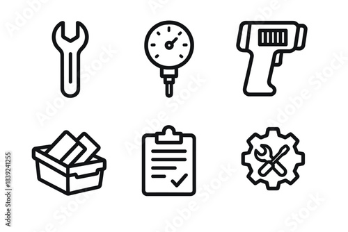 Factory Tools Icons. Mass Production Systems Tools linear set: wrench, calibration gauge, barcode labeler, quality scanner, parts bin, maintenance sheet.