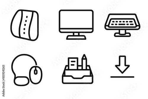 Comfort Workstation Icons. Comfort Workstation Elements linear set: lumbar support, screen riser, keyboard tray, cushioned mouse pad, desk organizer, alignment arrow.