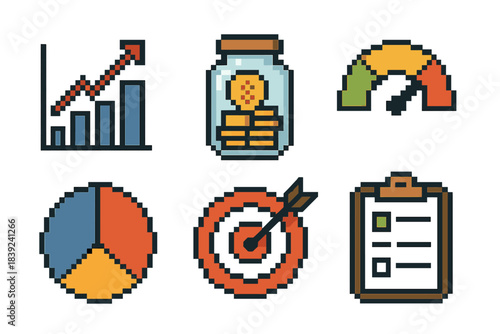 Pixel Art Finance Icons. Financial strategy pixel style set: growth chart, savings jar, risk gauge, allocation pie, target arrow, planning sheet.