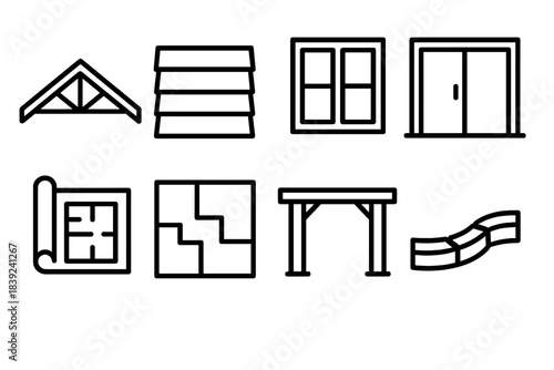 Home Construction Icons. Home Building Concepts linear set: roof truss icon, exterior siding panel, window pair, sliding door, blueprint sheet, interior zone map, porch beam,