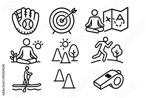 Outdoor Activity Icons. Field & Trail Activities Set linear set: softball glove, archery target, trail map, outdoor yoga pose, agility cones, nature run icon, paddle board