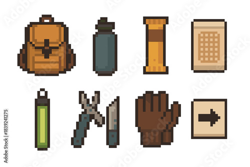 Survival Gear Icons. Quick-Exit Bag Essentials set of icons in flat pixel vector style: light backpack, water flask, nutrient bar, bandage pack, glow stick, multitool, warm gloves,