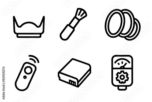 Photography Tool Icons. Photography Add-On Set linear set: lens hood, cleaning brush, filter kit, remote shutter, battery pack, gear meter.