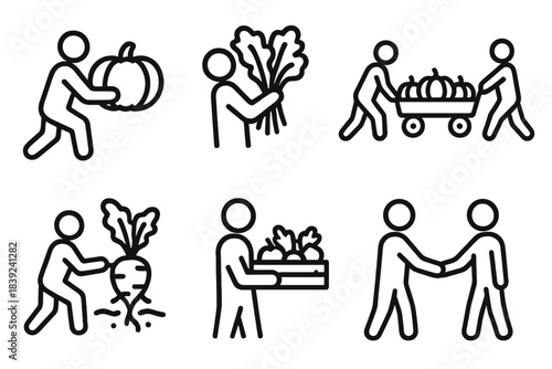 Seasonal Harvest Icons. Seasonal Harvest Activities linear set: pumpkin lift, leafy greens bunch, shared wagon, root crop pull, produce tray, community link.