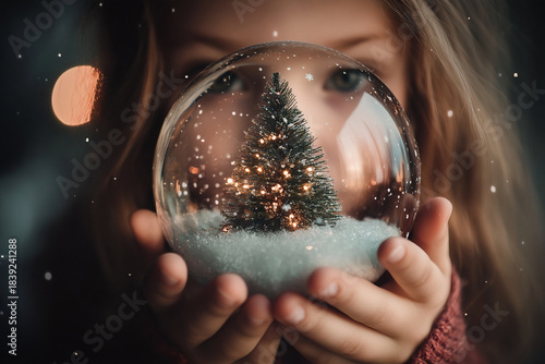 A little girl is holding a snow globe.