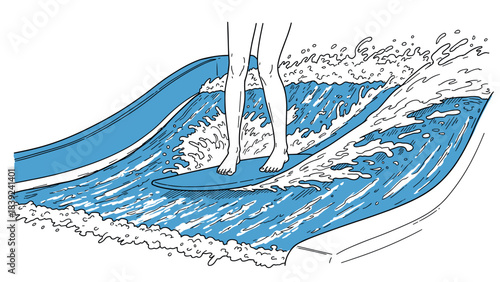 Minimalist surfer riding artificial wave with dynamic water splashes