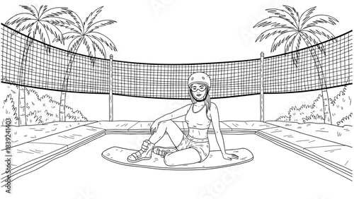 Outdoor beach volleyball scene with woman and palm trees in linear style