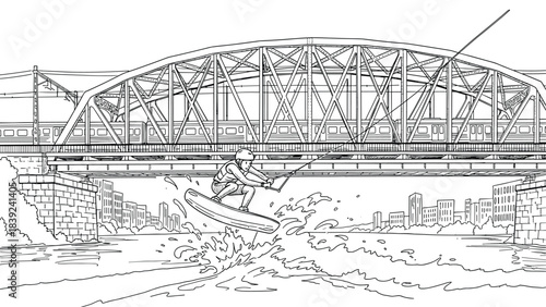 Adventurous cable wakeboarding in urban river setting with bridge