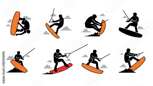 Silhouette wakeboarding actions: dynamic water sports moves in flat design
