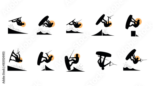 Dynamic kiteboarding silhouettes: iconic aerial acrobatics with bold action poses