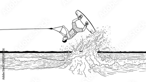 Dynamic wakeboarding adventure captured in detailed black and white linear art