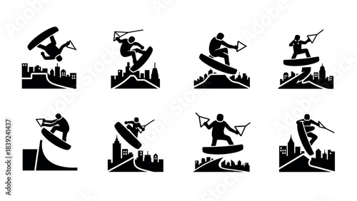 Silhouette kiteboarders performing tricks against cityscape backdrops