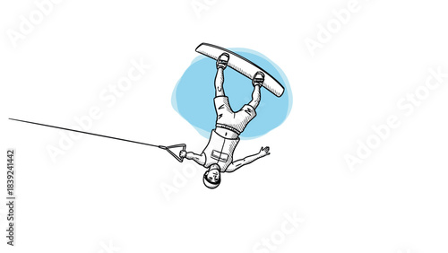 Dynamic wakeboarding action: detailed black and white drawing with blue accent