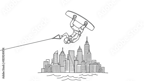 Dynamic wakeboarding adventure above city skyline in linear style