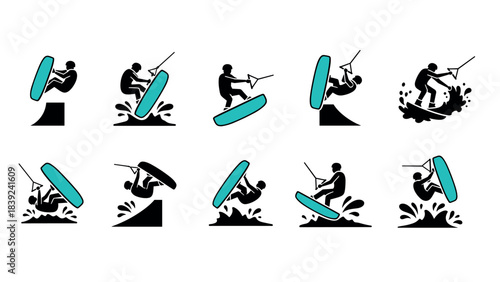 Silhouettes of dynamic wakeboarding tricks and jumps in action