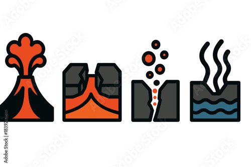 Undersea Geology Icons. Undersea Geologic Processes silhouette set: magma-rise plume, spreading-center tile, hydrothermal crack bead.